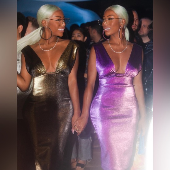 FINAL PRICE. AREA Lamé Plunge Midi Dress - Picture 2 of 7